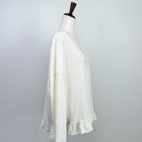 Anthropologie Pilcro Cream Slub Knit Cotton V-Neck Ruffle Top - Picture 4 of 8